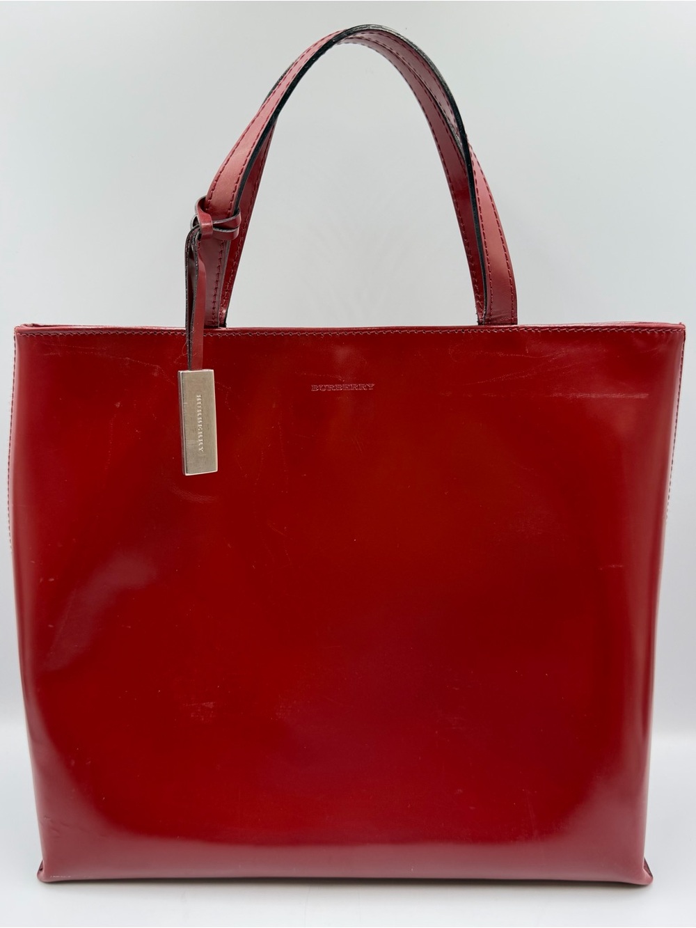 Burberry Deep Red Leather Tote Spazzolato Magnetic Close Double Handles with COA